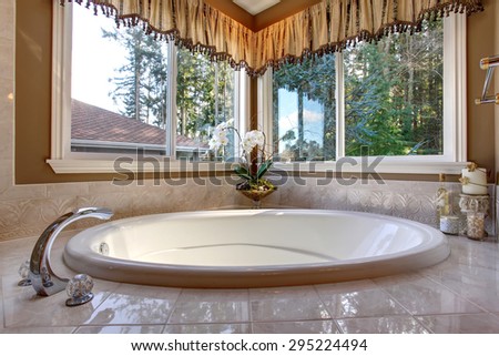 Luxury jacuzzi bathtub in master bathroom with great lighting.