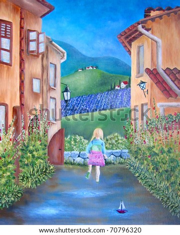 Italy and little girl  original oil painting on canvas