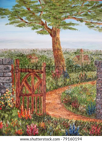 Original oil painting. Garden with an open gate and large tree.