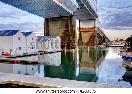 Water homes and bridge in Tacoma, Washington State. Downtown.