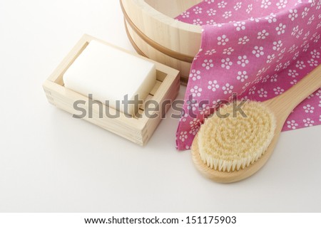 Body brush, soap ,towel and keg of japanese bath image