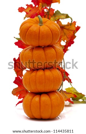 Stack of pumpkins with fall leaves isolated on white