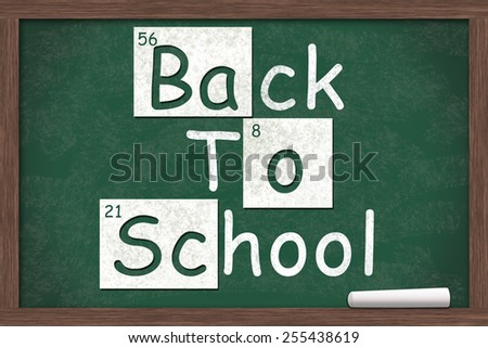 Back to School, Back to School written on a chalkboard with letters from the periodic table and a piece of white chalk