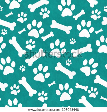 Teal and White Dog Paw Prints and Bones Tile Pattern Repeat Background that is seamless and repeats