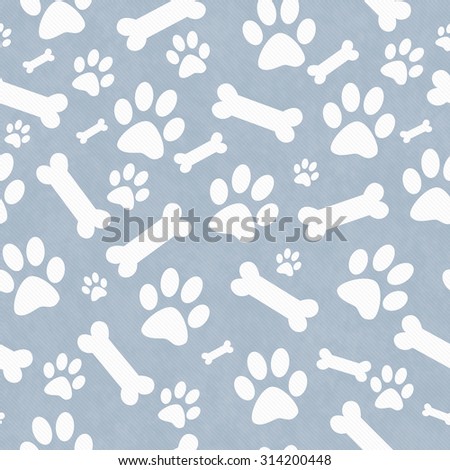 Blue and White Dog Paw Prints and Bones Tile Pattern Repeat Background that is seamless and repeats