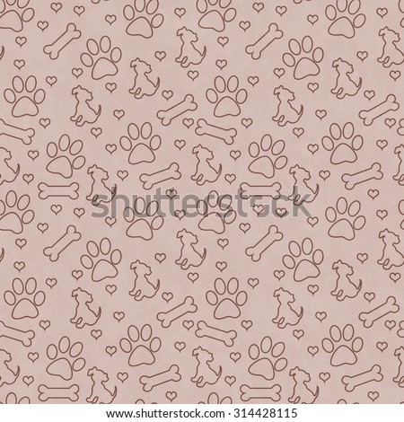 Brown Dog Paw Prints, Puppy, Bone and Hearts Tile Pattern Repeat Background that is seamless and repeats