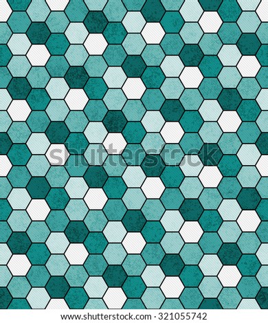 Teal, Black and White Hexagon Mosaic Abstract Geometric Design Tile Pattern Repeat Background that is seamless and repeats
