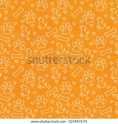 Orange and White Dog Paw Prints, Puppy, Bone and Hearts Tile Pattern Repeat Background that is seamless and repeats