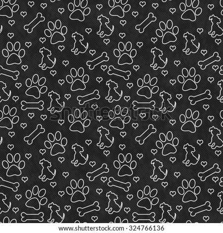 Black and White Dog Paw Prints, Puppy, Bone and Hearts Tile Pattern Repeat Background that is seamless and repeats