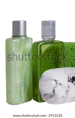 Spa beauty kit - bottles of lotions and soap bar
