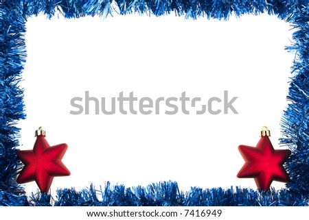 Blue garland frame with star ornaments isolated on white