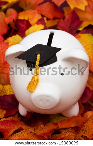 Piggy bank with a graduation cap â?? the cost of education