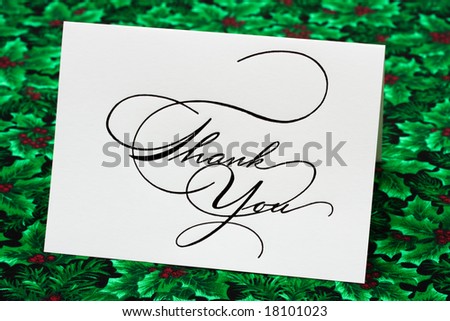 Thank you card on leaf and holly berry background, thank you card