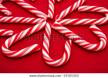 Candy canes making flower shape on red background, candy cane flower