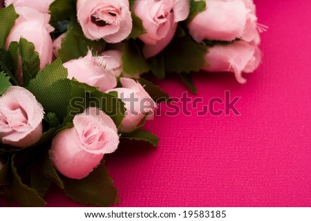 Large bouquet of pink roses with green leaves on pink background, bouquet of roses
