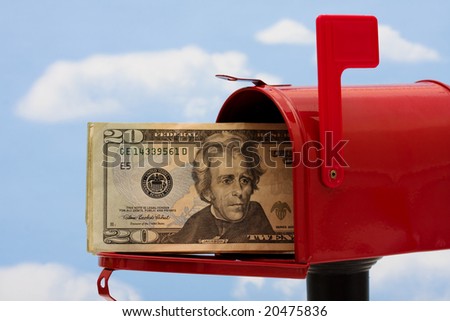 Red mailbox filled with twenty dollar bills and a blue sky and cloud background, mailbox