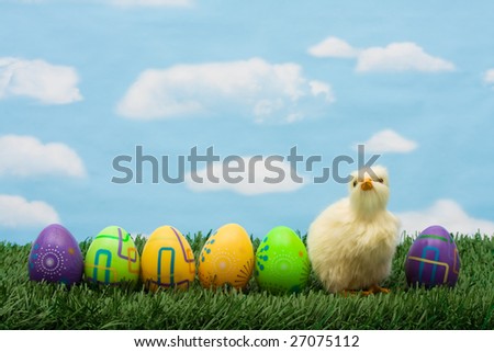 Colourful Easter eggs sitting with a chicken on green grass background, Easter Eggs