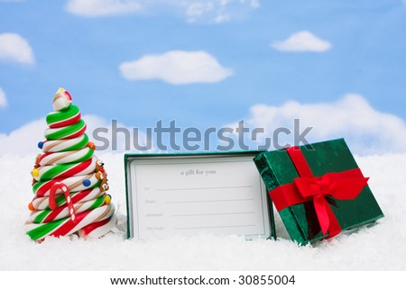 Gift card sitting on snow with sky background, gift card
