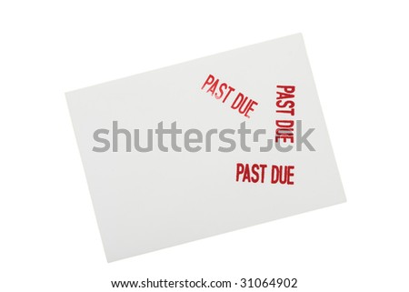 White envelope with past due stamped on it isolated on a white background, past due bills