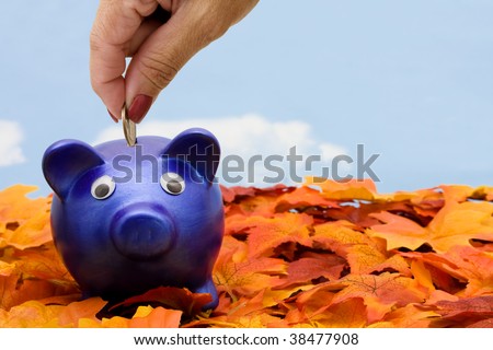 A blue piggy bank  sitting on fall leaves with a sky blue background, savings