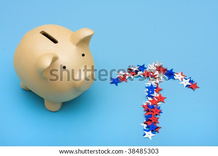 Piggy bank with multi coloured stars making an arrow on blue background, piggy bank,