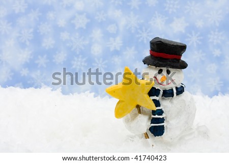 A snowman sitting on snow with a snowflake background, happy holidays