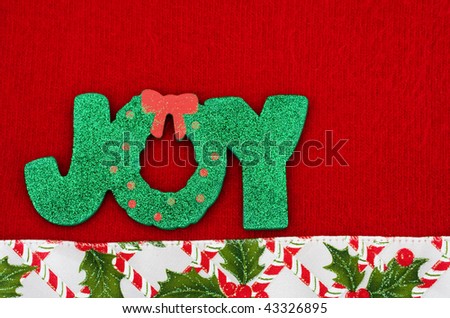 The word joy on a red background with a holly berry border, joy