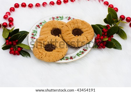 A plate of cookies on a white fur background
