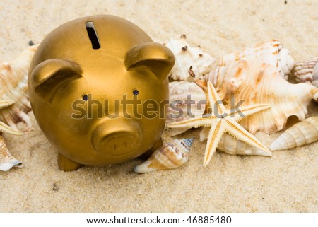 Lots seashells sitting with a gold piggy bank in the sand, vacation savings