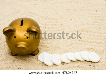 Lots of sand dollars sitting with a gold piggy bank in the sand, Saving for your vacation