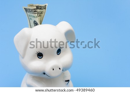 A piggy bank with cash in it on a blue background, Adding to your Savings