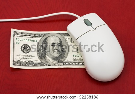 A computer mouse with a one hundred dollar bill on a red background, making money online