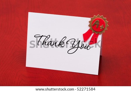 A thank you card with an A+ on a red background, thank you award