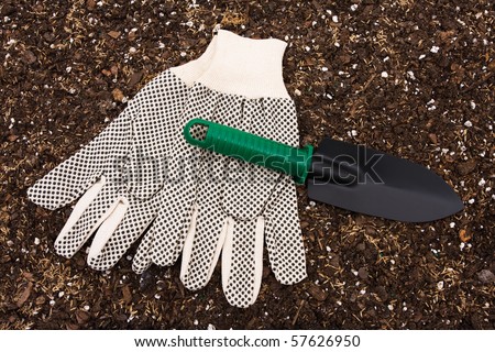 A pair of gardening gloves on a soil background, gardening gloves