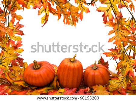 Fall leaves with pumpkins isolated on white, fall border