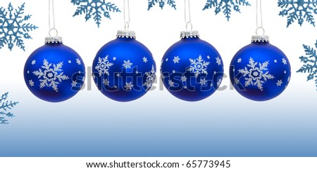 Snowflake border with christmas balls on a white and blue background, winter time