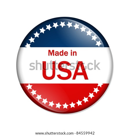 A red, white and blue button with Made in USA isolated on a white background, Made in the USA button