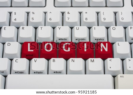 A computer keyboard with red keys spelling login, Login Online
