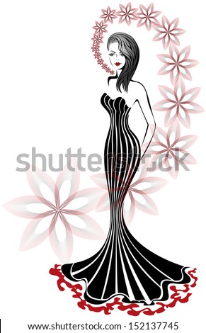 slender woman in a long dress on a white background with a floral swirl