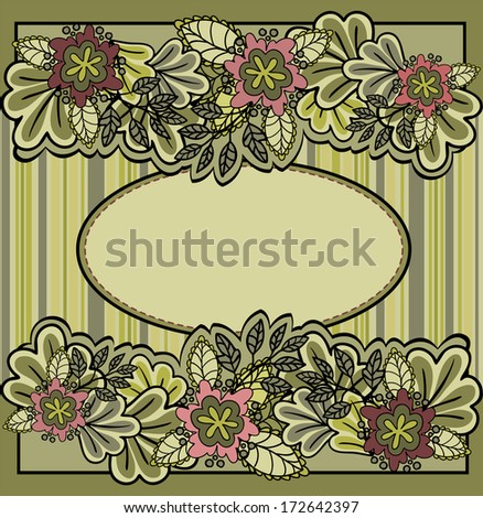 green oval frame with flowers on a striped background