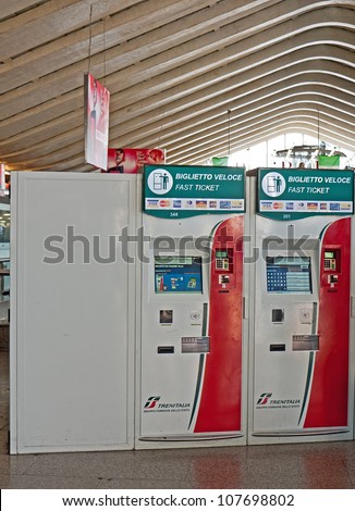 ROME - CIRCA SEPTEMBER 2011: fast ticket machines in Termini Station circa September 2011 in Rome, Italy. Termini Station is frequented by 480,000 persons per day, over 150 million per year.