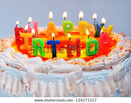 appetizing birthday cake with the light colorful candles with text \