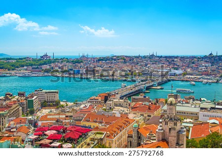 Panoramic Golden Horn view with Blue Mosque and Hagia Sophia from Galata tower, Istanbul, Turkey