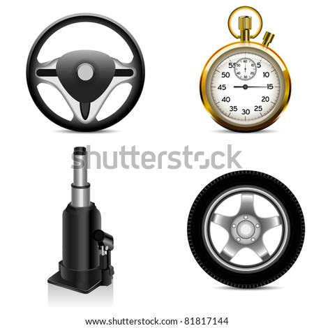 jack, steering wheel,  car wheel and stop watch