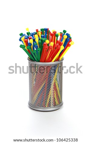 Multicolor Nylon Cable Ties in a jar on White Background