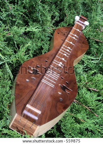 Dulcimers used in folk music are simple instruments. This depiction shows the instrument on a bed of greenery giving it a backwoods look.