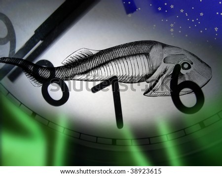 Ancient creature and time, prehistoric creature and clock give sense of possibility of extinction