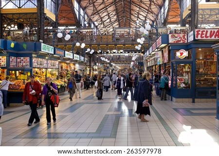 BUDAPEST, HUNGARY - October 6, 2014: People shopping in the Great Market Hall on October 6, 2014 in Budapest, Hungary. Great Market Hall is the largest indoor market in Budapest, it was built in 1896.