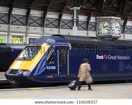 LONDON, UK - JULY 19: Train type British Rail Class 43 at Paddington train station on July 19, 2012, London, UK. It\'s the fastest diesel locomotive in the world, with maximum speed 148 mph (238 km/h).
