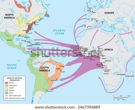 African slave trade map in years 1500 – 1870. Black History educational map.